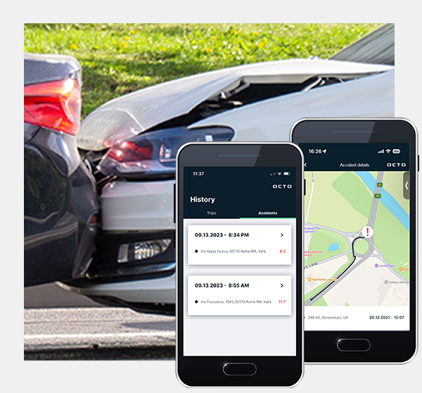Smartphone app displaying crash history and accident details with car collision in the background.