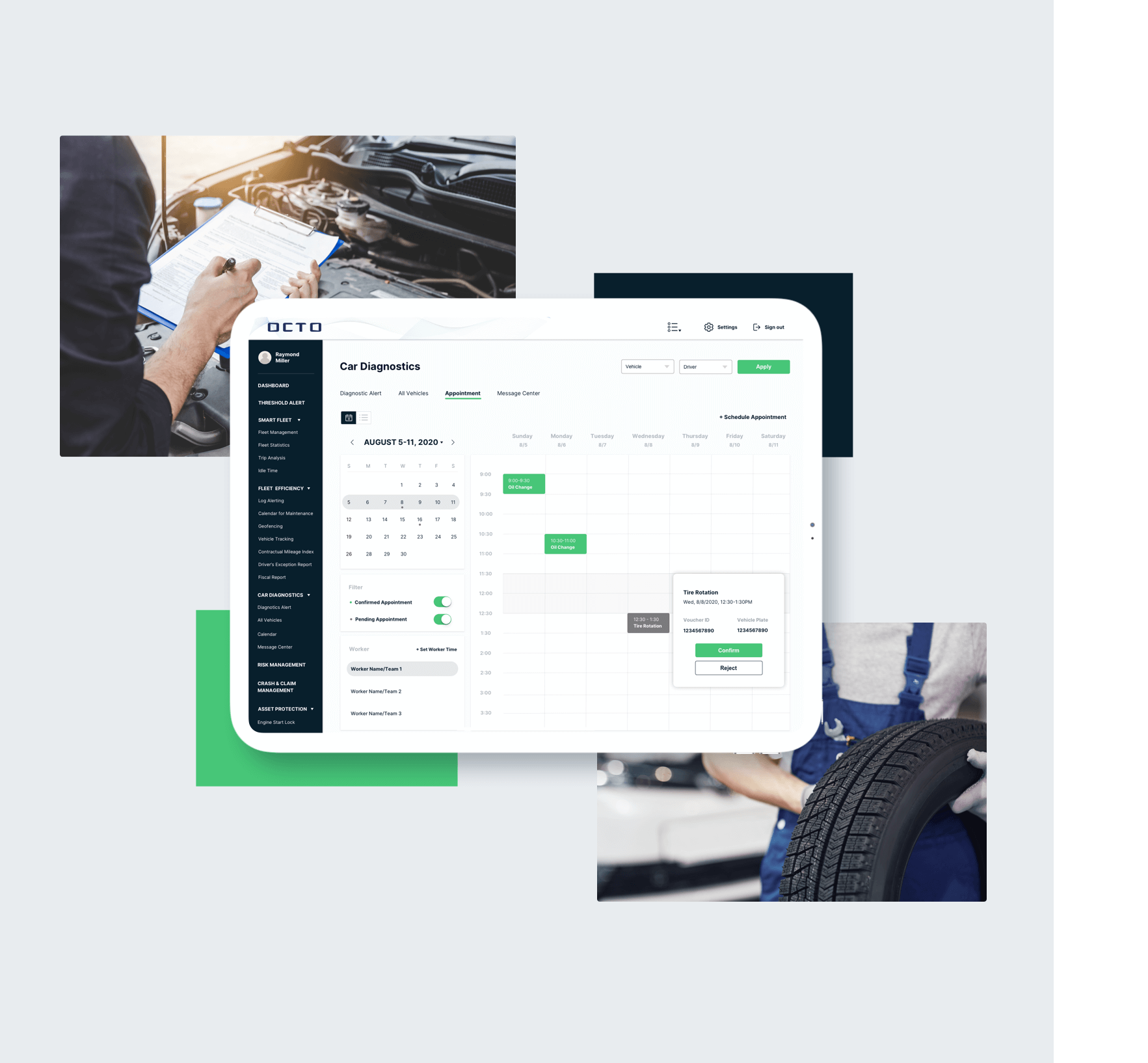 Tablet che visualizza il cruscotto OCTO Car Diagnostics per il monitoraggio della salute del veicolo, la programmazione della manutenzione e il rilevamento dei guasti in tempo reale