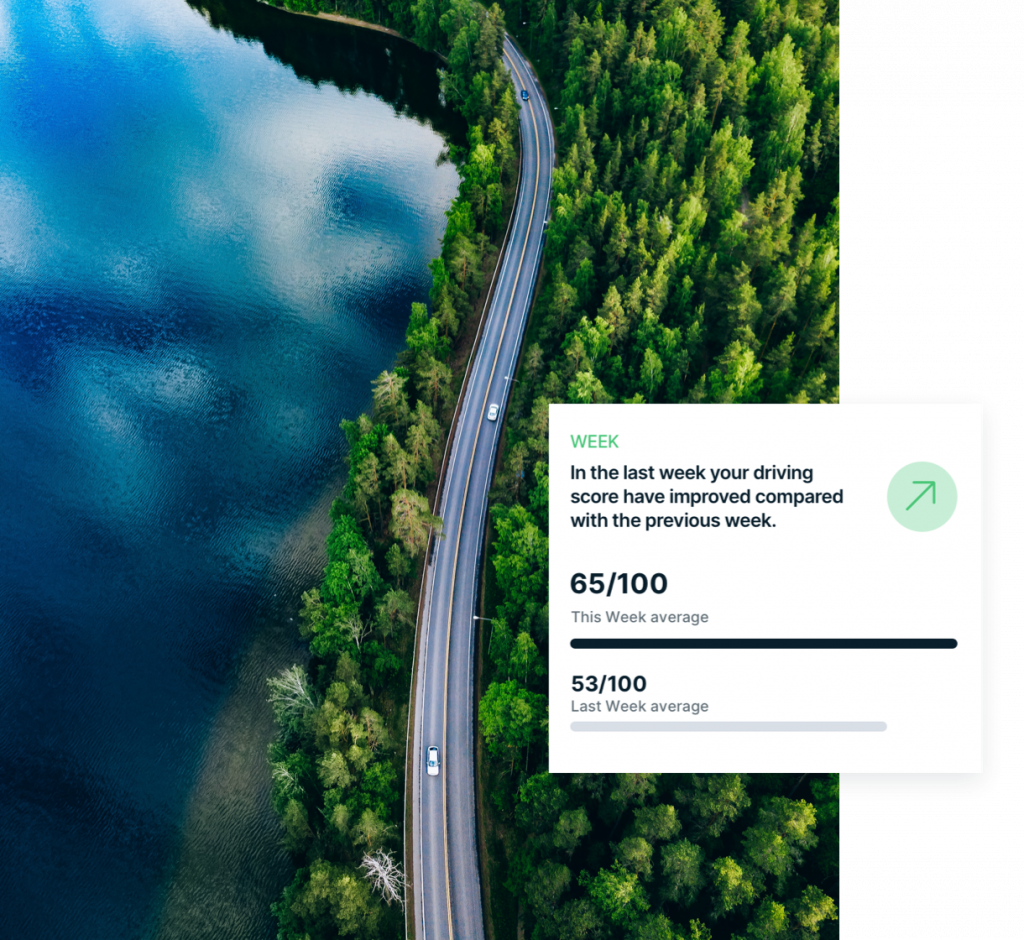 An aerial view of a winding road surrounded by lush green forests and a calm blue lake, with a few vehicles driving along. Overlaid is a dashboard widget showing weekly driving score improvement, highlighting a score of 65/100 for the current week compared to 53/100 from the previous week, indicating positive progress in driving behavior