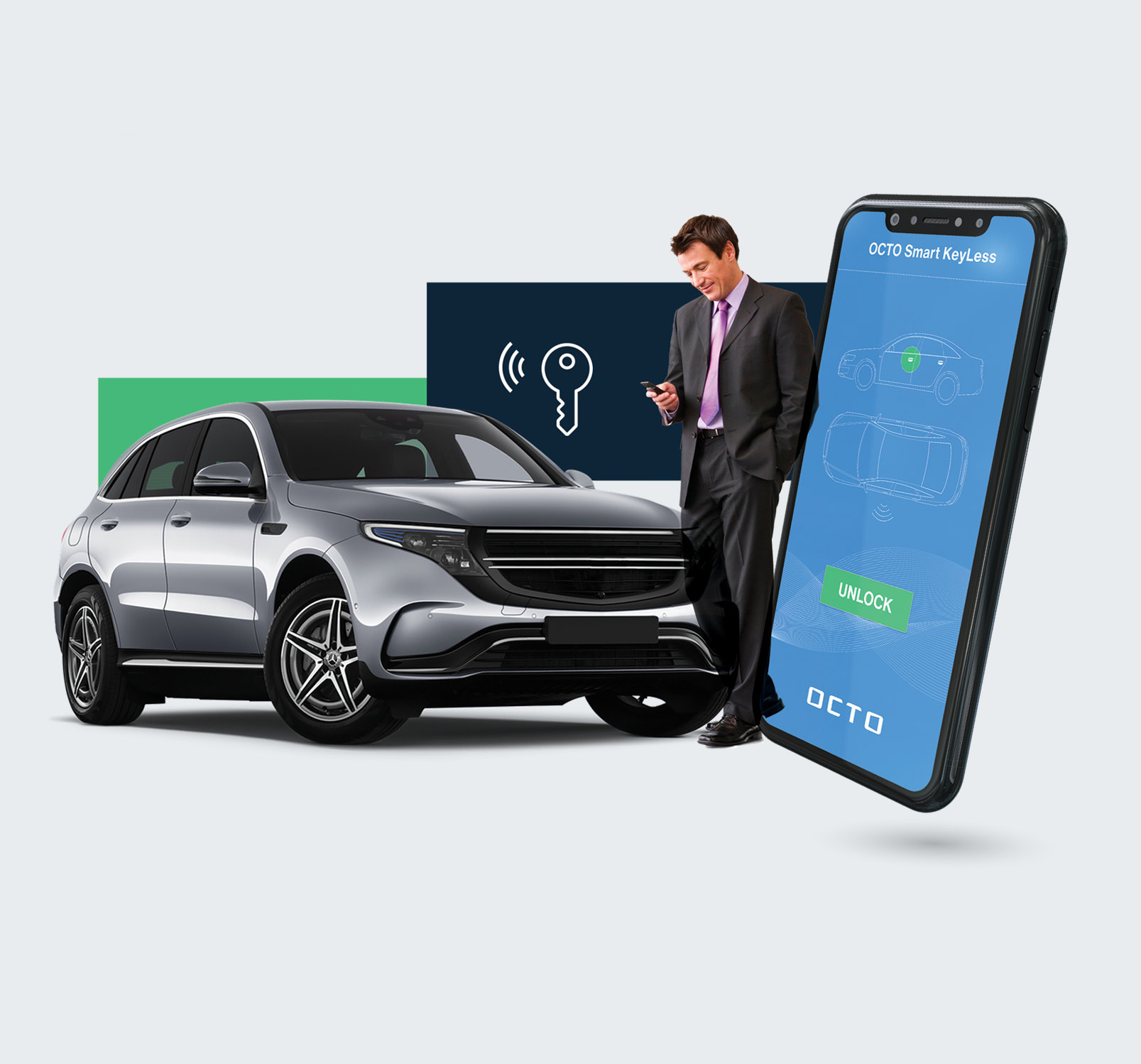Smartphone che visualizza l'app OCTO Smart KeyLess per lo sblocco a distanza del veicolo, abbinato a un'auto moderna e alla tecnologia di accesso senza chiavi