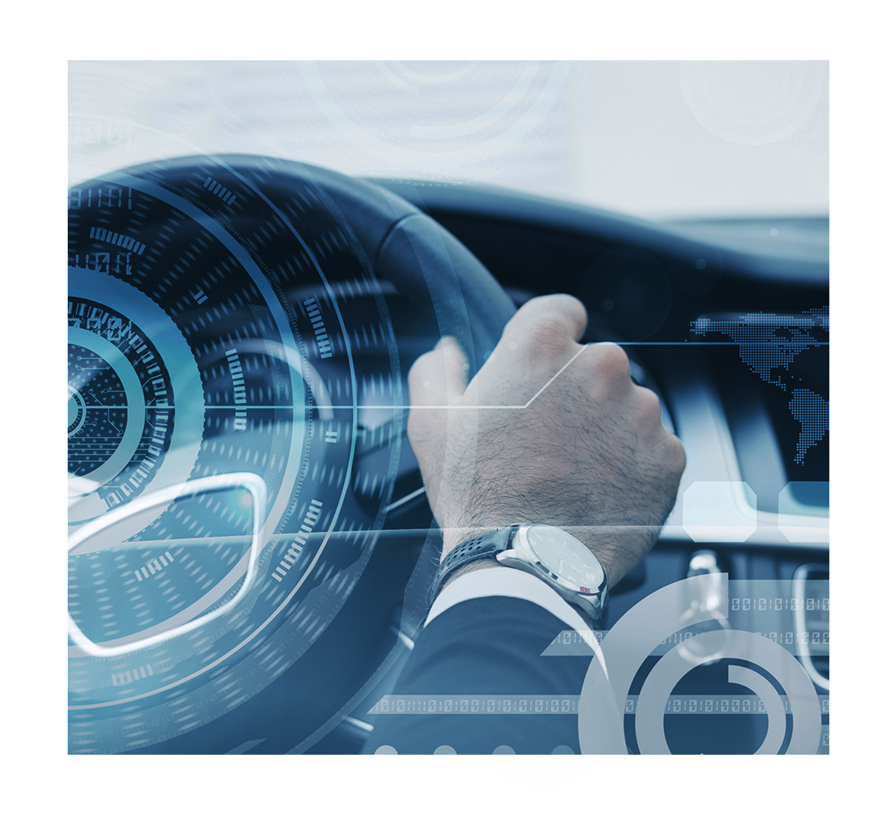 A close-up view of a driver's hand gripping the steering wheel, with a futuristic overlay of digital graphics, including circular data visuals, a world map, and technological interface elements, symbolizing advanced telematics and data-driven insights in driving.