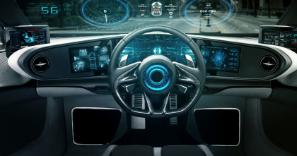 Futuristic car dashboard with advanced digital displays, vehicle diagnostics, and integrated telematics systems for modern automotive solutions