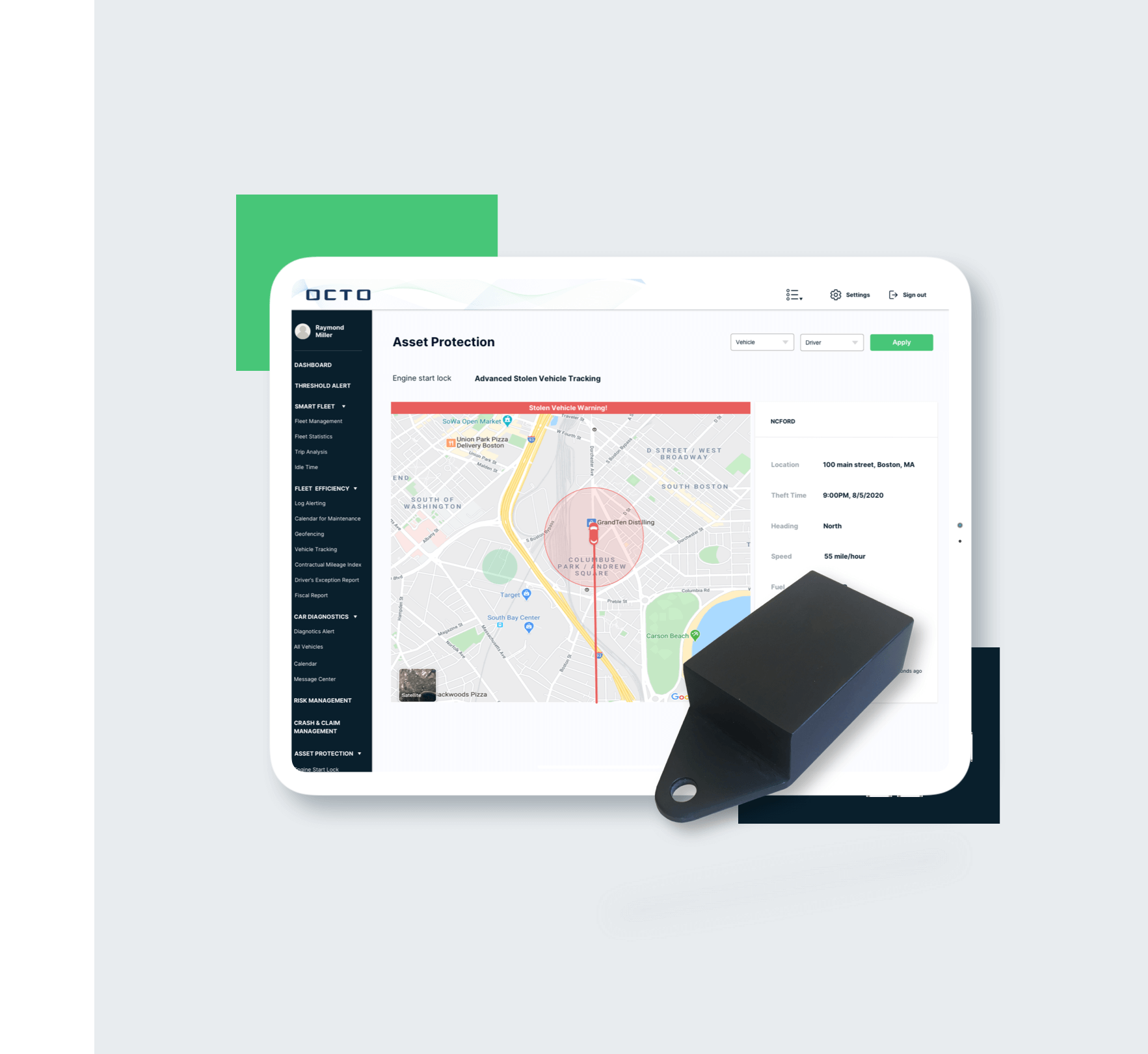 Tablet che mostra il cruscotto “Asset Protection” con il dispositivo GPS di tracciamento dei veicoli e la telematica per la sicurezza e la gestione della flotta