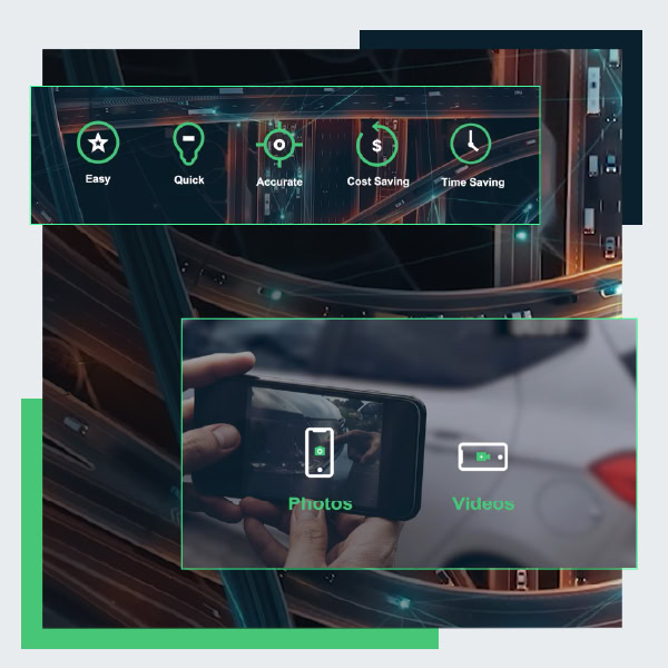Grafica che mostra i vantaggi del servizio: facilità, velocità, precisione, risparmio di tempo e costi, con un focus sull'uso di foto e video tramite smartphone