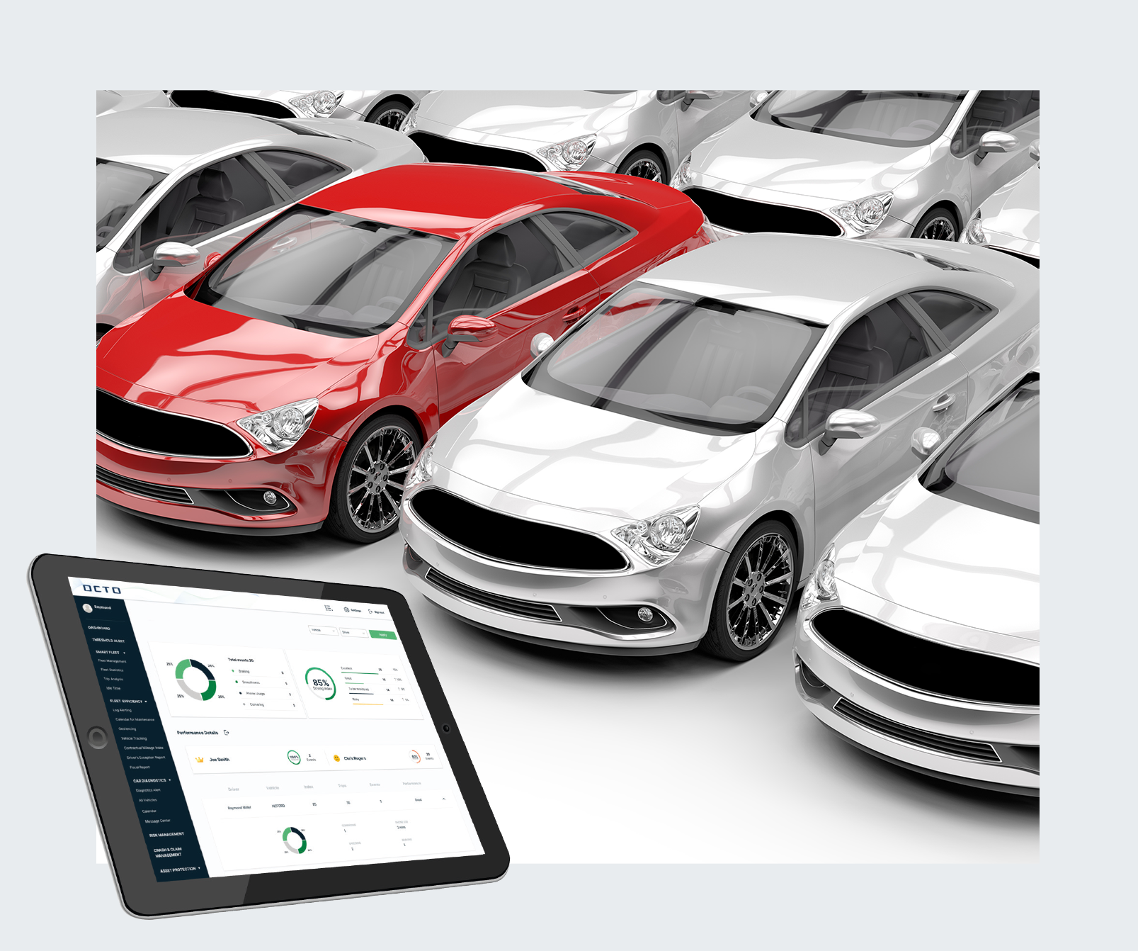 Fleet management solution by OCTO: multiple vehicles with a tablet interface displaying real-time telematics and performance analytics for optimized operations
