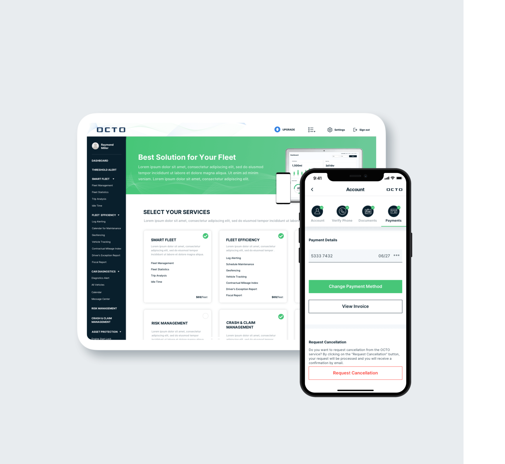 Fleet management platform by OCTO: tablet and smartphone interface showcasing service selection, payment details, and billing options for seamless operations