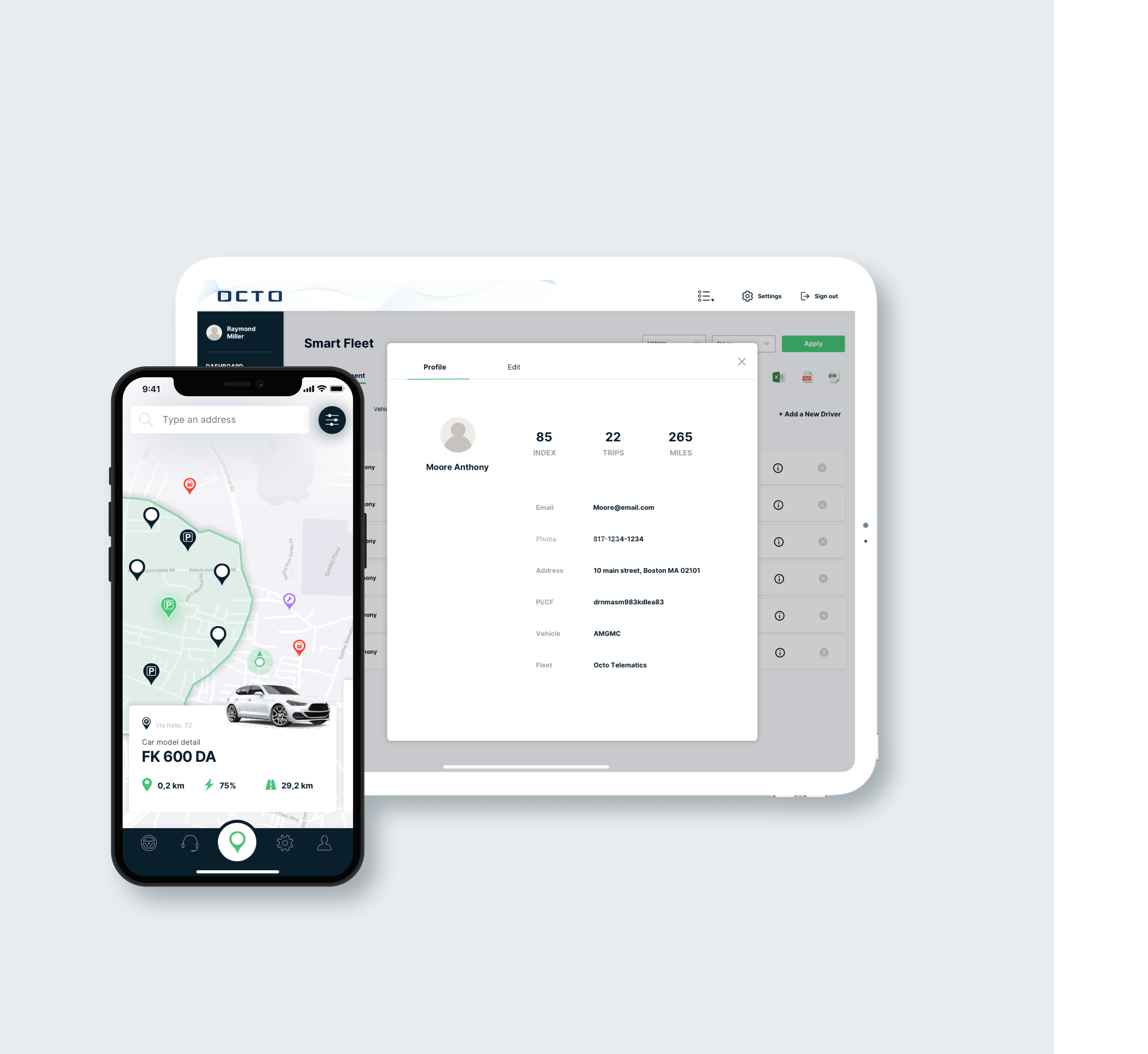 Smart mobility interface showing driver profile details and real-time vehicle tracking on a smartphone and tablet, streamlining fleet and renting processes