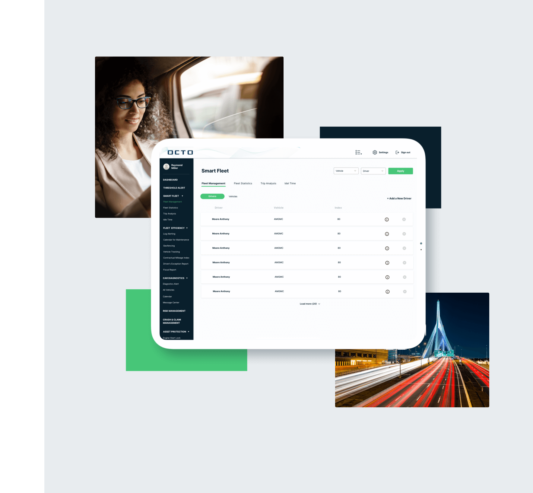 Smart Fleet management platform showcasing driver and vehicle tracking features, enhancing efficiency and proactive assistance