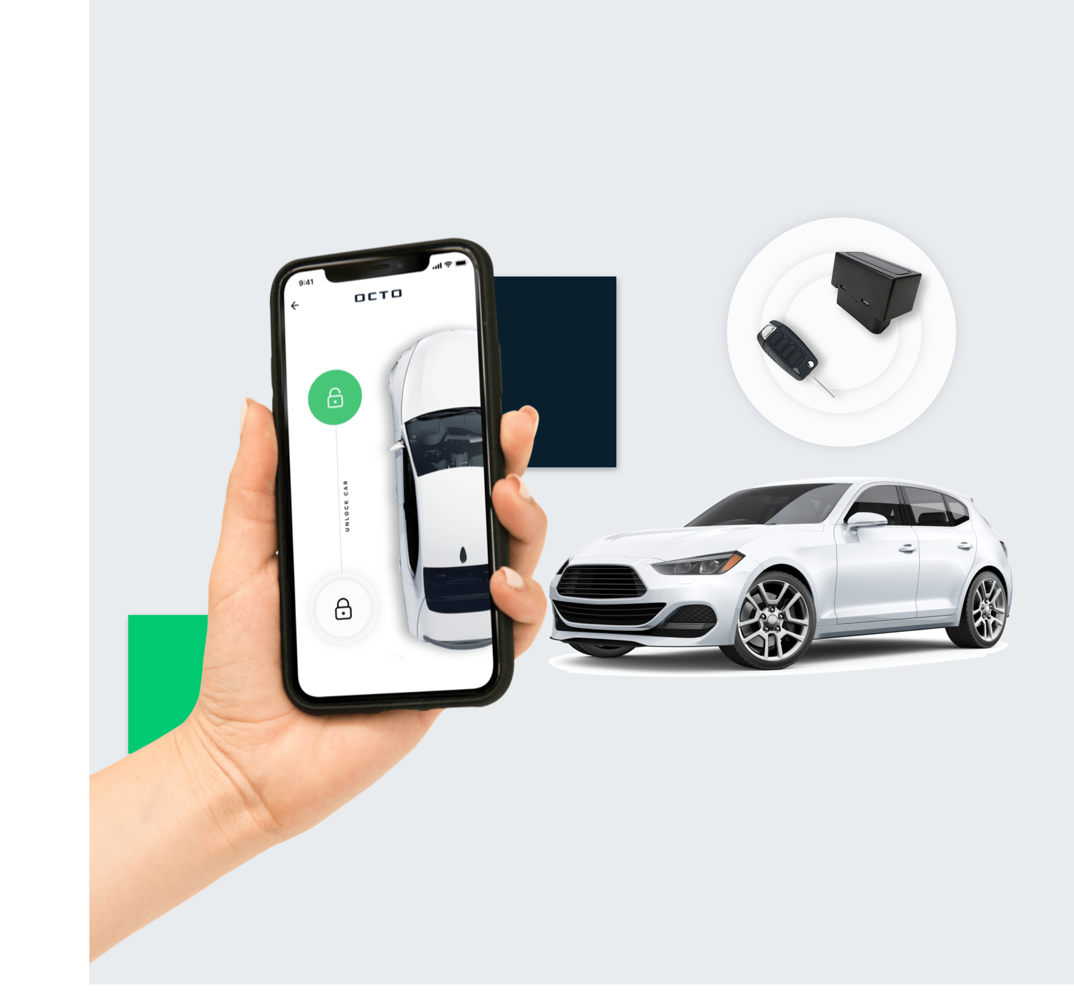 Smart Keyless technology by OCTO: a user unlocks a car using a smartphone app, showcasing seamless vehicle access and innovative fleet solutions