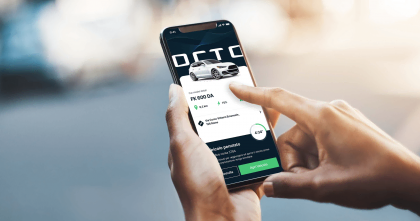 User interacting with OCTO's vehicle-sharing app on a smartphone, displaying car details, location, battery status, and reservation options