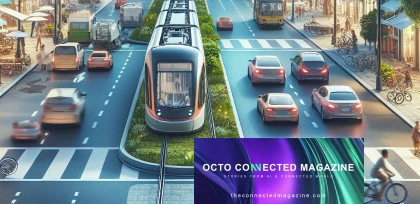 Città moderna con tram elettrico al centro, auto e biciclette ai lati, e vita urbana attiva. In basso, promozione della rivista “Octo Connected Magazine” sul mondo connesso e l’IA.