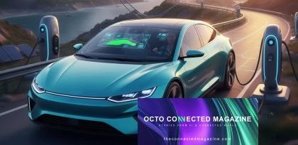 Futuristic turquoise electric car charging on a scenic coastal road, surrounded by modern charging stations and solar panels. The windshield displays an advanced digital interface with navigation and driving data. Overlaid is the logo of
