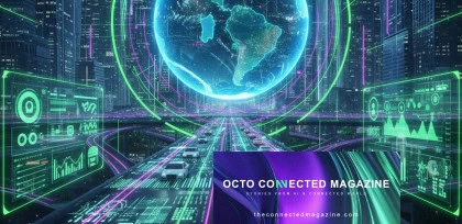 Città futuristica con interfacce digitali, auto a guida autonoma e un ologramma luminoso della Terra che rappresenta la connettività globale, l'intelligenza artificiale e la visualizzazione dei dati telematici.