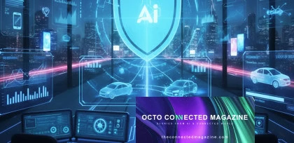 Futuristic AI-powered control center with holographic cars and telematics data visualizations, promoting Octo Connected Magazine focused on AI and mobility