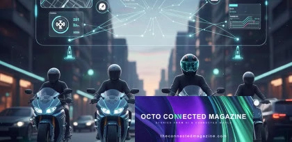Four motorcyclists wearing black helmets ride through a futuristic city at sunset, surrounded by augmented reality graphics displaying navigation and connectivity data. In the foreground, a banner for 'Octo Connected Magazine' features the subtitle 'Stories from AI & Connected World' and the URL theconnectedmagazine.com.