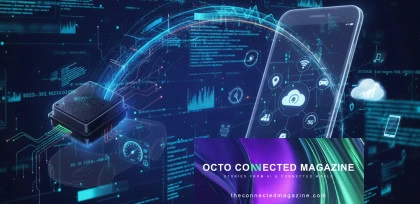 Illustrazione digitale di tecnologie connesse: un dispositivo telematico invia dati a uno smartphone attraverso un'interfaccia grafica futuristica, con icone legate a cloud, 5G, GPS, mobilità e intelligenza artificiale. Sullo sfondo grafici e dati digitali rappresentano il flusso di informazioni in tempo reale. In basso a destra appare la copertina della rivista 