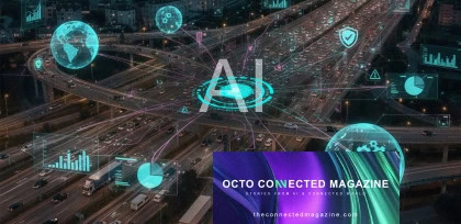 Aerial view of a busy urban highway overlaid with digital graphics representing data, analytics, and AI connectivity. The large 'AI' text in the center emphasizes artificial intelligence in smart mobility. In the bottom right corner, the logo of 'Octo Connected Magazine' appears with the tagline 'Stories from AI & Connected World' and the URL theconnectedmagazine.com