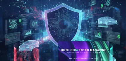Digital illustration showing cybersecurity in the insurance industry with AI, telematics, and connected cars. A central shield with circuitry represents fraud prevention and data protection. Bottom right features the 