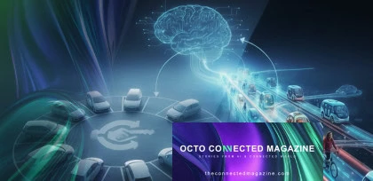 Futuristic illustration showing an intelligent mobility system: connected cars in a parking circle communicate with a digital brain symbolizing artificial intelligence. In the background, autonomous vehicles travel on a smart road alongside cyclists, representing integrated urban mobility. At the bottom right, the title 