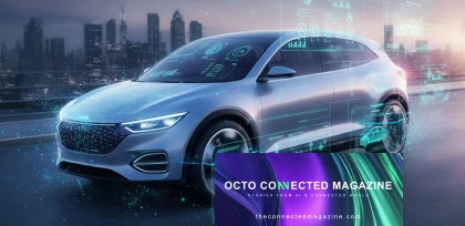 Futuristic connected car driving through a smart city, with digital data overlays representing vehicle diagnostics, telematics, and data interoperability.