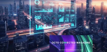 Skyline di città futuristica al tramonto con autostrade illuminate e dashboard digitali trasparenti sovrapposte, simbolo di AI urbana e smart city; banner “Octo Connected Magazine”.