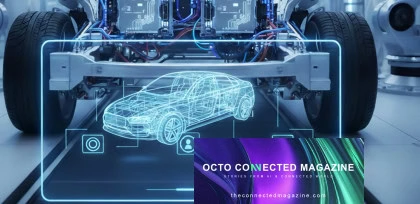 Natively connected vehicle architecture showing a digital car model, embedded sensors, and onboard software, representing OEM-built connectivity and data-driven mobility