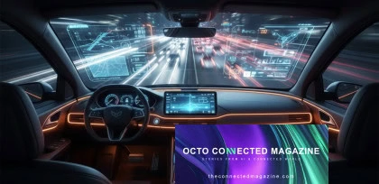 “Vista dall’interno di un’auto futuristica con dashboard digitale e interfacce olografiche proiettate sul parabrezza mentre l’auto viaggia in autostrada di notte; in basso a destra banner promozionale con la scritta ‘OCTO Connected Magazine – Stories from AI & Connected World’ e il sito theconnectedmagazine.com.”