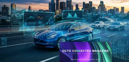 OCTO connected car driving on an urban highway with telematics dashboards, real-time data analytics and digital graphs, representing smart mobility, AI-driven insurance solutions and connected vehicle technology – OCTO Connected Magazine