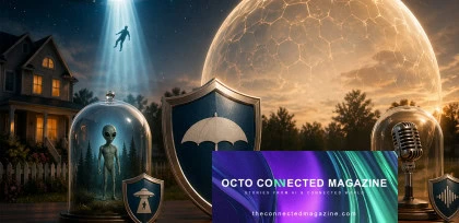 Visual OCTO Connected Magazine con polizze assicurative innovative, scudo protettivo e alieno sotto cupola, simbolo di rischio personalizzato e tecnologia assicurativa avanzata.