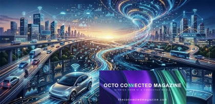 Futuristic smart city landscape featuring connected vehicles, elevated highways, and dynamic data flows, with digital dashboards and network signals illustrating advanced mobility and IoT infrastructure in an innovative OCTO ecosystem.