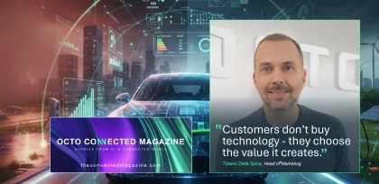 Promotional image for OCTO Connected Magazine featuring a connected car with digital data overlays and a portrait of Tiziano Della Spina alongside a quote about the value technology creates for customers.