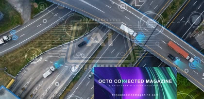 OCTO connected mobility concept with AI overlay on highway traffic and smart telematics vehicles.