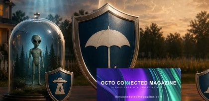 OCTO Connected Magazine visual con polizze assicurative innovative, scudo protettivo e alieno sotto cupola, simbolo di rischio personalizzato e tecnologia assicurativa avanzata.
