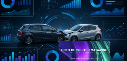 Two cars involved in a head-on collision with digital charts and analytics dashboards in the background, representing data-driven insurance and mobility insights with OCTO Connected Magazine branding.