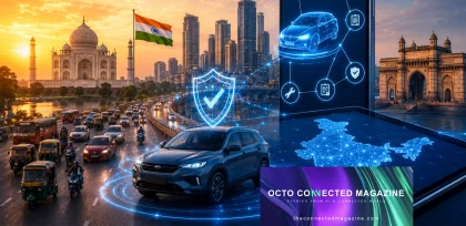 Connected car technology and automotive telematics in India, featuring a modern SUV, digital mobility services, smart city infrastructure, and vehicle security solutions