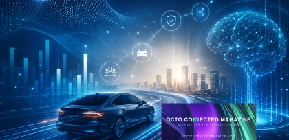 Connected car on a digital highway with insurance icons and a futuristic AI brain representing artificial intelligence in the insurance and mobility sectors