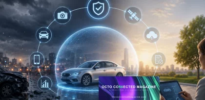 Illustrazione futuristica di un’auto protetta da una barriera digitale intelligente, con icone che rappresentano sicurezza, telematica, cloud e analisi dati: una visualizzazione delle soluzioni assicurative e di connected mobility di OCTO