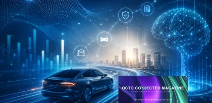 Auto connessa su strada digitale con icone assicurative e cervello AI futuristico che rappresentano l’intelligenza artificiale nel settore insurance e mobility
