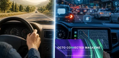OCTO Connected Magazine image showing traditional driving versus connected driving with navigation, notifications, and digital car interfaces