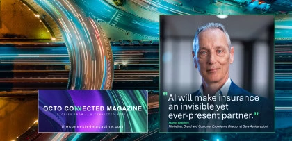 OCTO Connected Magazine cover featuring an aerial nighttime view of a busy highway interchange with light trails. A portrait of an insurance executive appears alongside the quote, “AI will make insurance an invisible yet ever-present partner.” The image highlights OCTO’s focus on AI, connected mobility, and innovation in the insurance industry.