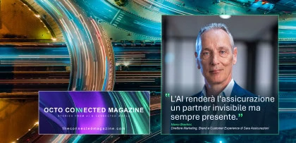 Copertina di OCTO Connected Magazine con vista aerea notturna di un grande svincolo autostradale illuminato. In primo piano il ritratto di un dirigente che accompagna la citazione: “AI will make insurance an invisible yet ever-present partner”. L’immagine promuove un articolo di OCTO Connected Magazine dedicato all’impatto dell’intelligenza artificiale nel settore assicurativo e della mobilità connessa.