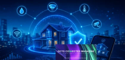 OCTO smart home security system with IoT sensors, surveillance cameras, smoke detectors, water leak sensors, and temperature monitoring, all managed via smartphone