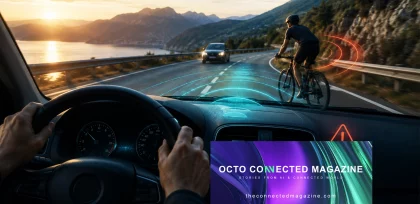 Sistema di assistenza alla guida OCTO con intelligenza artificiale che rileva un ciclista su una strada costiera al tramonto, migliorando la sicurezza e prevenendo le collisioni