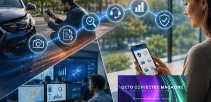 OCTO digital claims management ecosystem showing a driver documenting vehicle damage with a smartphone, a customer using a mobile insurance app, and a monitoring center analyzing real-time data. Connected icons represent photo capture, document processing, verification, customer support, analytics, and security throughout the insurance claims journey.