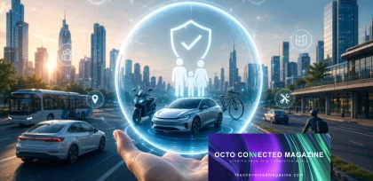 Illustration of a smart city featuring an electric car, scooter, bicycle, and bus protected by a digital shield with a family icon, symbolizing connected mobility, safety, and smart insurance. The Octo Connected Magazine logo appears in the bottom-right corner.