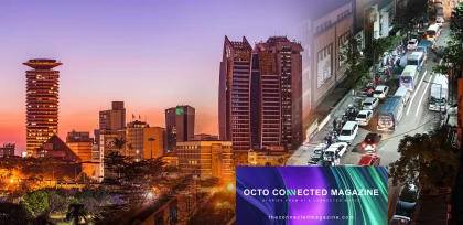 Copertina di OCTO Connected Magazine con lo skyline di Nairobi e il traffico urbano, simbolo dell'innovazione nella mobilità connessa e nelle assicurazioni digitali in Kenya.