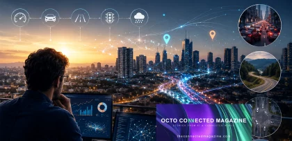 A professional analyzes data dashboards overlooking a connected smart city at sunset. The image illustrates OCTO smart mobility solutions, featuring digital networks, traffic monitoring, geolocation, AI-powered analytics, and connected transportation technologies that improve urban mobility and road safety.