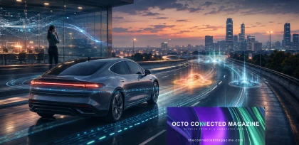 Connected car driving on a smart highway at sunset, with digital overlays representing V2X communication, artificial intelligence, and smart city infrastructure. Octo Connected Magazine logo in the bottom right corner.