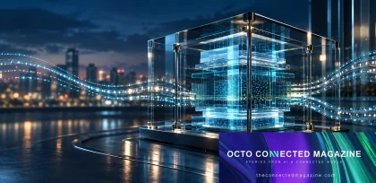 Futuristic digital infrastructure with flowing data streams and luminous connections, representing AI, cloud computing, and connected technologies – Octo Connected Magazine