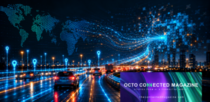 Connected mobility and artificial intelligence: digital data flows across a smart city and road network, with OCTO Connected Magazine in the foreground.